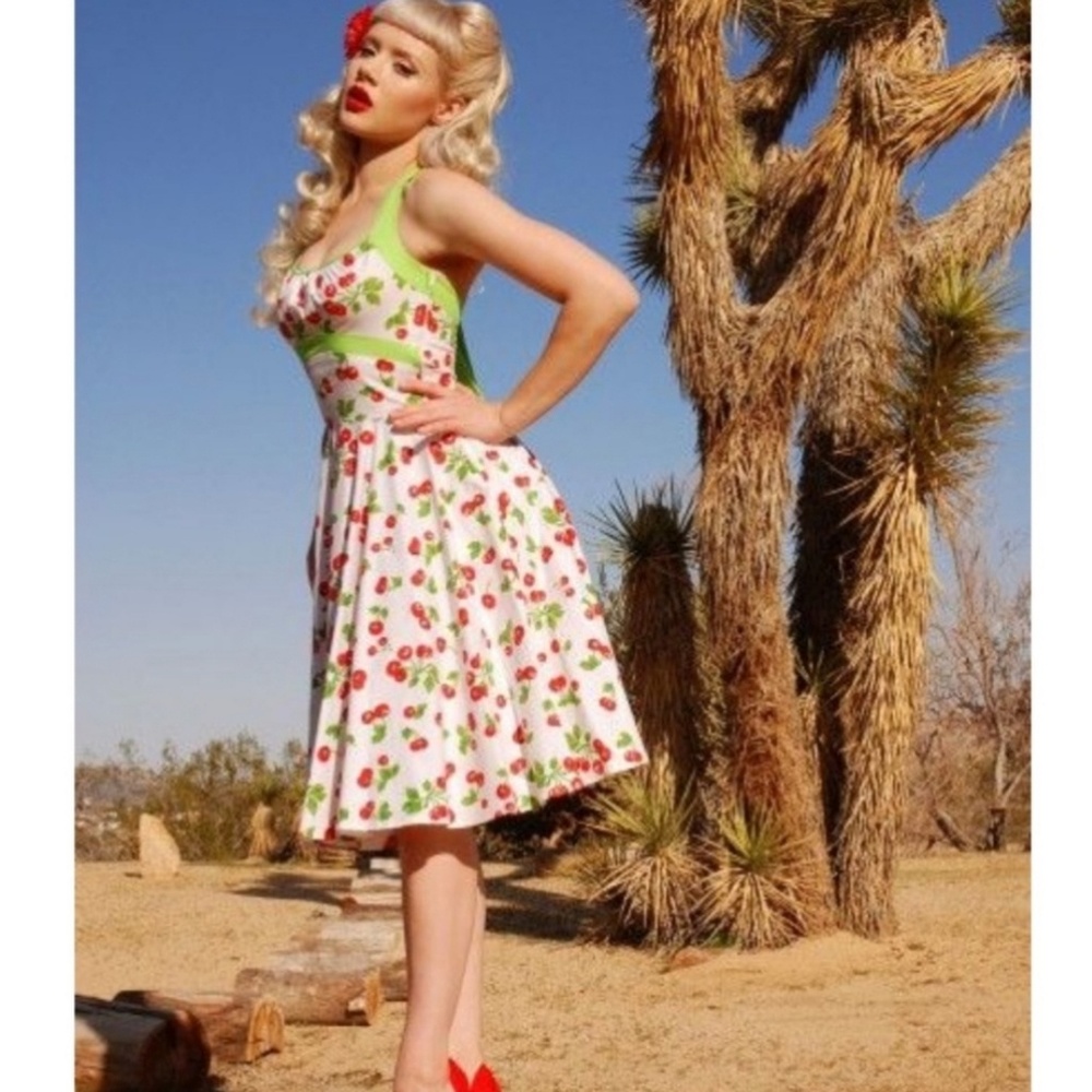 Pinup Couture White and Green Cherry Print Midi Dress